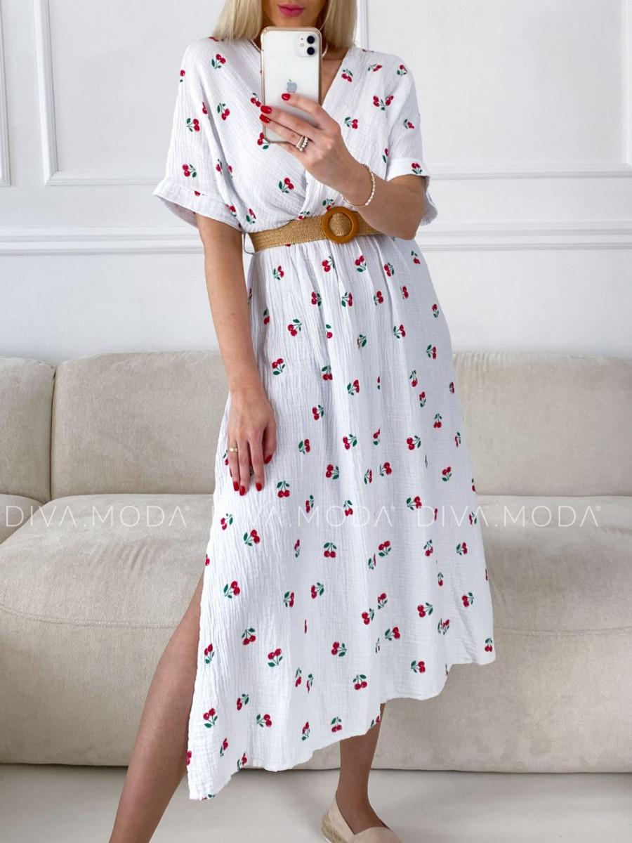 Mušelínové šaty cherry s opaskom biele V 4